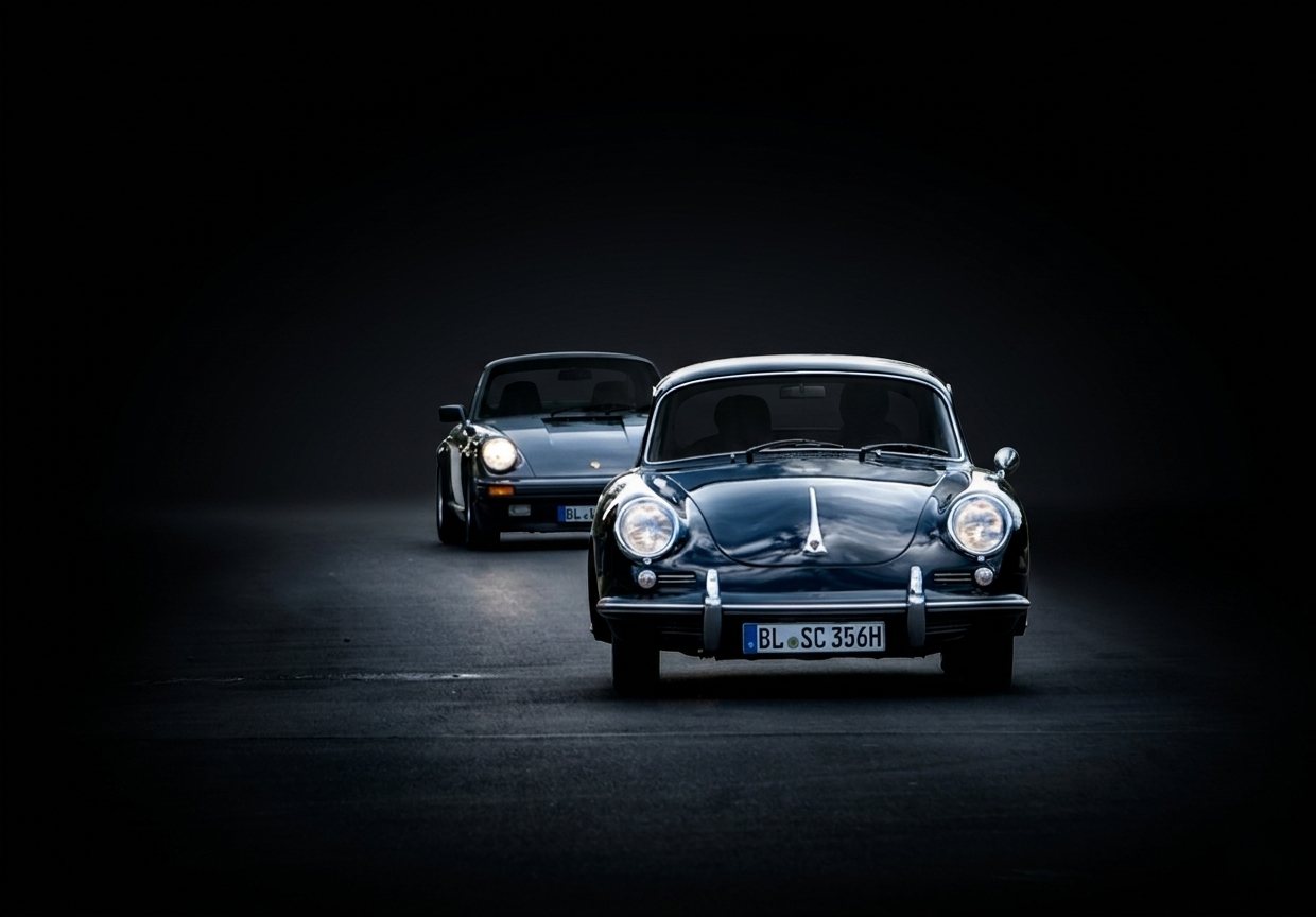 Two aircooled Porsches against a dark backdrop